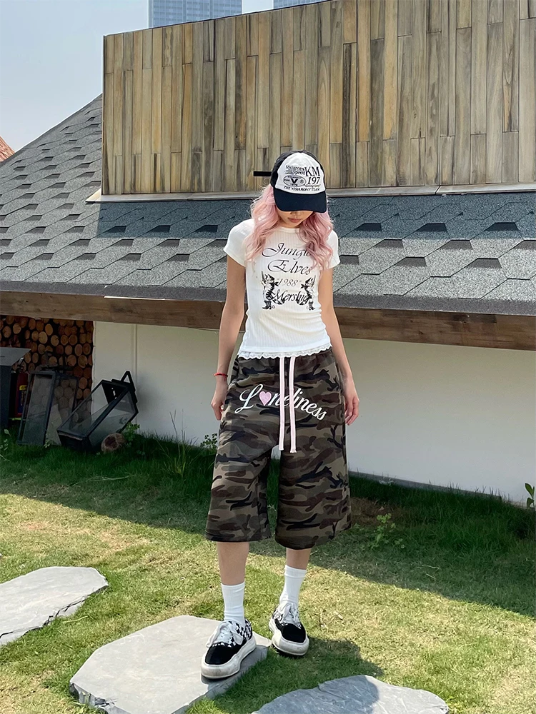 

YAMMYUKI Американские ретро-спортивные брюки с камуфляжным принтом, повседневные, широкие, укороченные (7/8 длины), в уличном стиле, с высокой талией