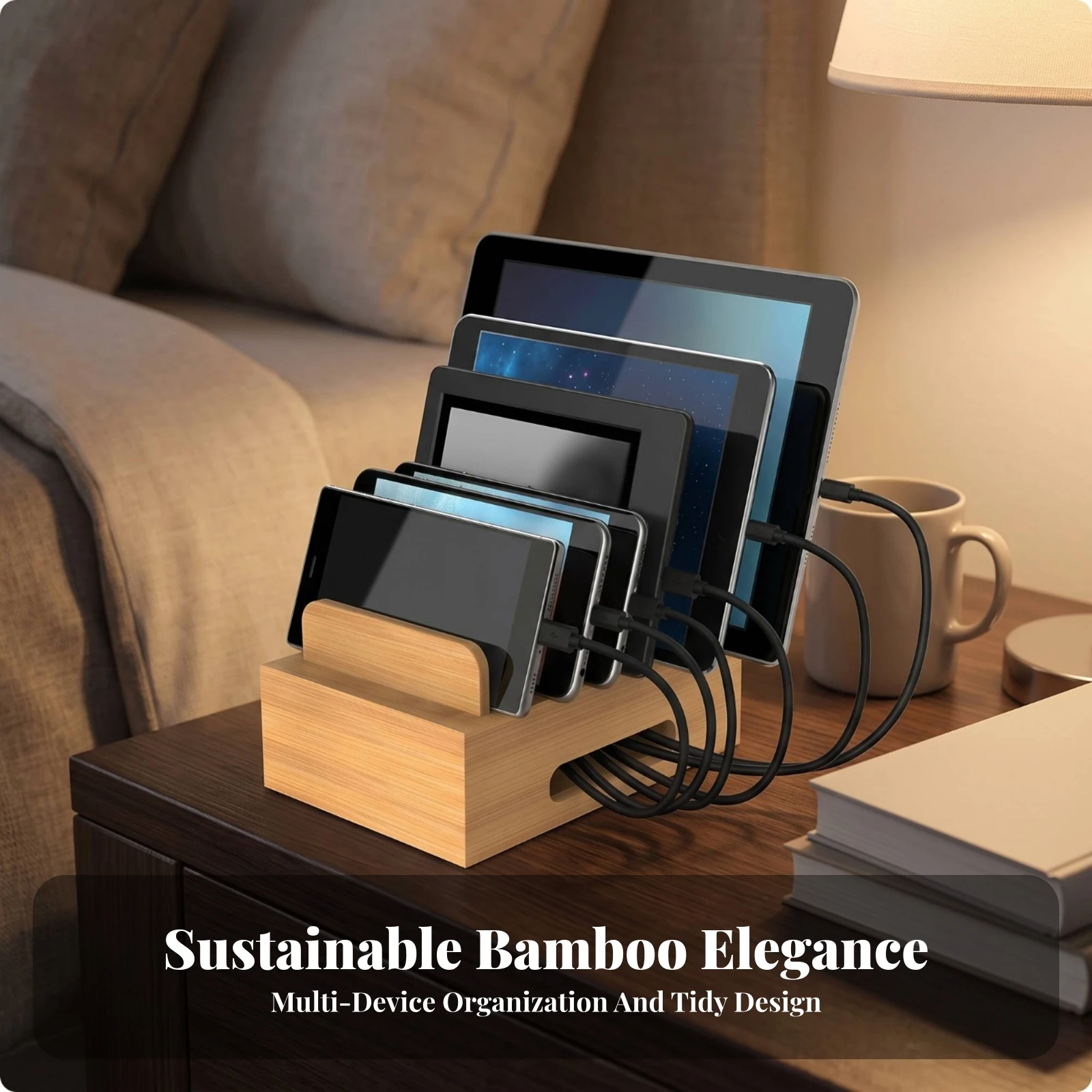 Bamboo Organizer Stand Compact Desk Organizer Phone Stand with Cable Slots Wooden Charging Station Clutterclear