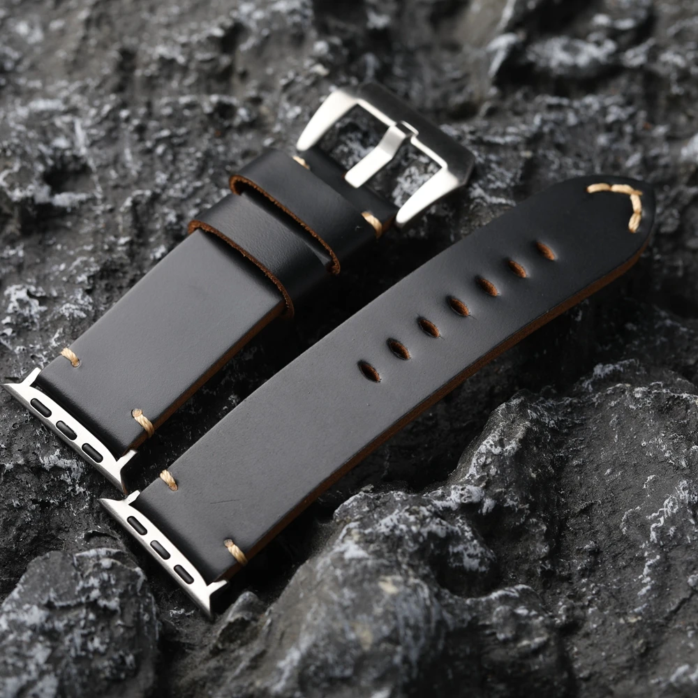 Handmade Black Genuine Leather Watchband For Iwatch Apple Watch Ultra 2 S9 S8 49mm 45mm Tough Guy Leather Thickened