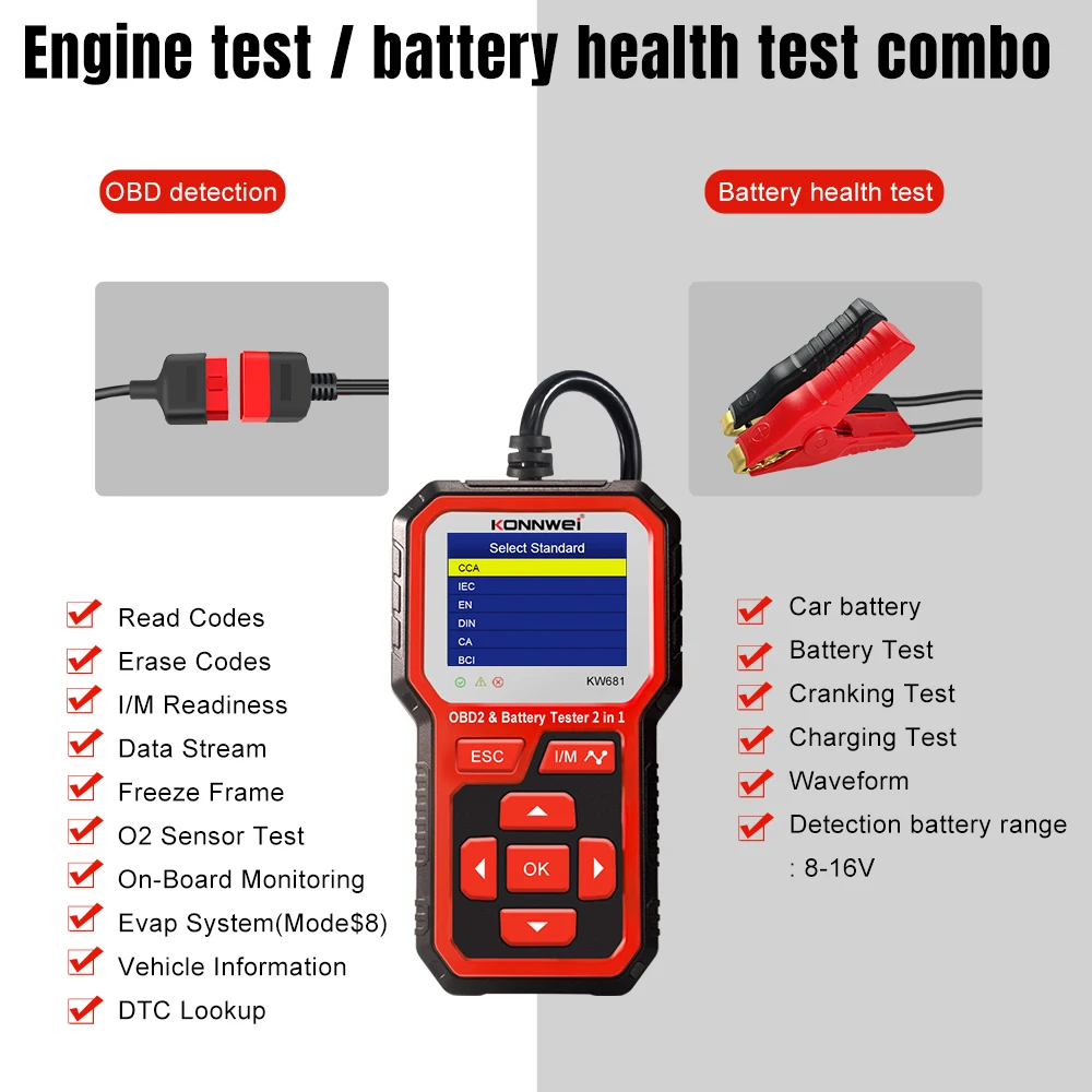 2026 KONNWEI KW681 2-in-1 Car/Moto OBD2 Scanner & Battery Tester 6V/12V Auto Diagnostic Tool Fault Clearing DTC Lookup Functions