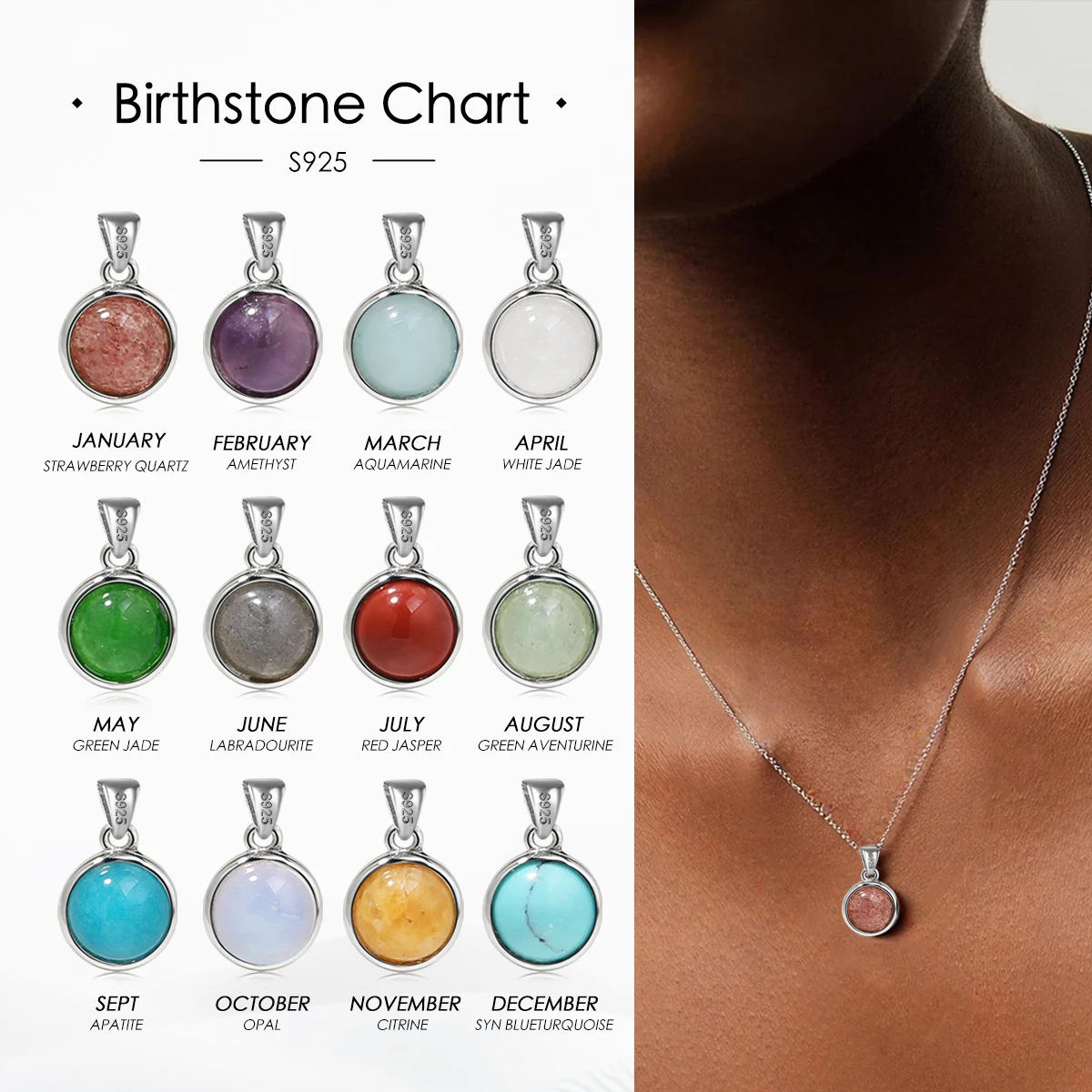 

Birthstone Real Pure 925 Sterling Silver Pendant Necklace With Box Chain Simple Elegant Natural Gemstone Collier For Women