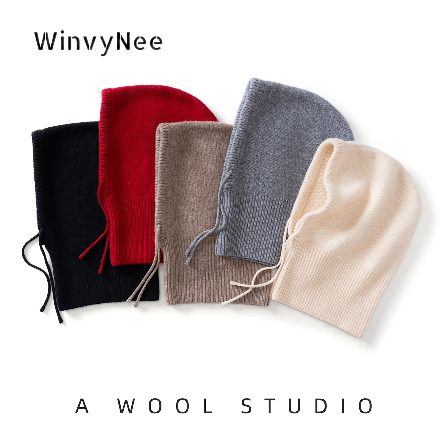 WinvyNee Women’S Pure Wool Knit Thick Drawstring Hood Neck Warmer Hat Integrated Trendy Light Accessory Spring Autumn ZI1883033