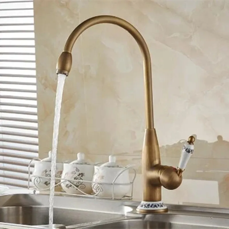 

New Style Antique Brass Kitchen Faucet Deck Mounted ktchen Sink Basin Faucets Mixer Tap With Ceramic Hot And Could Water Taps