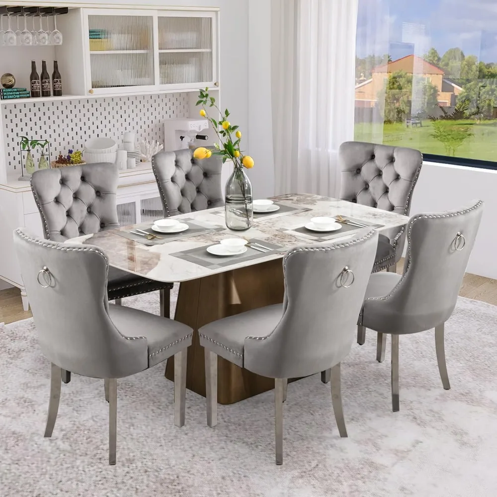 Velvet Dining Chair Set of 8, Upholstered Tufted Dining Room Chair with Nailhead Trim and Stainless