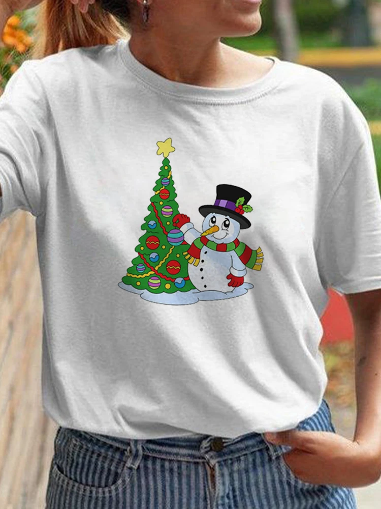 Merry Christmas Women Holiday Happy Women Top Snowman Print Women Gift New Year Print Short Sleeve Vacation Merry Christmas