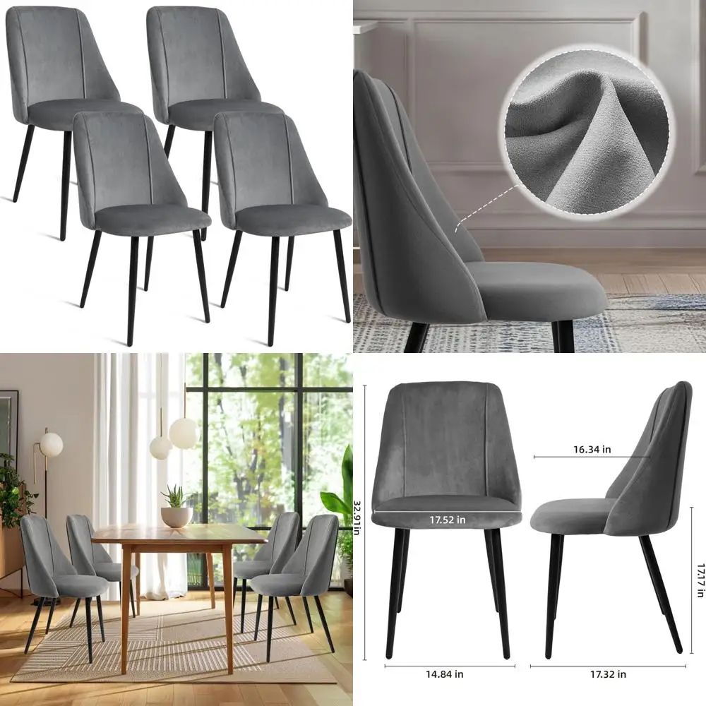 

Set of 4 Velvet Upholstered Dining Chairs with Metal Legs for Kitchen, Dining, and Living Room in Grey