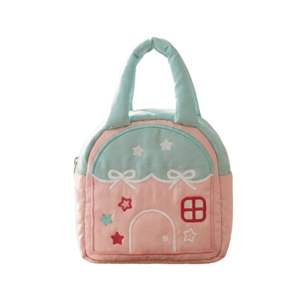 Embroidery Decor Camera Carrying Bag Large Capacity Hand-held Small House Shaped Handbag Polyester Portable Makeup Organizer Bag