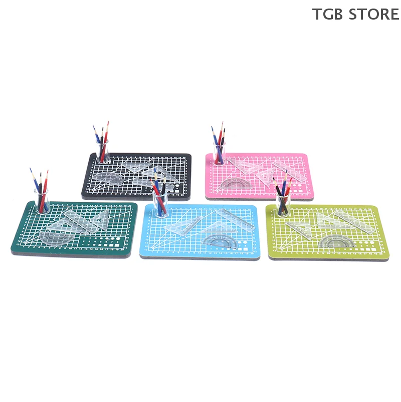 1Set 1:12 Miniature Cutting Mat Ruler Pencil Pen Holder Set Dollhouse Decor