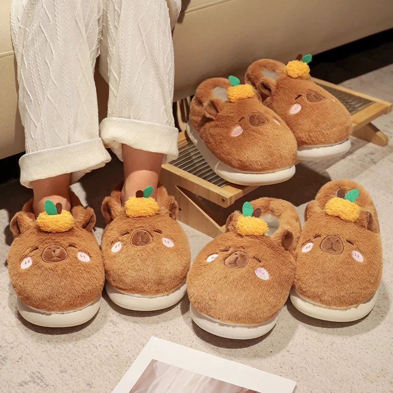 37-44 Cute Cartoon Capybara Cotton Slippers Full Wrap Heel Home Soft Non-slip Warm Breathable Indoor Plush Shoes Couple Slippers