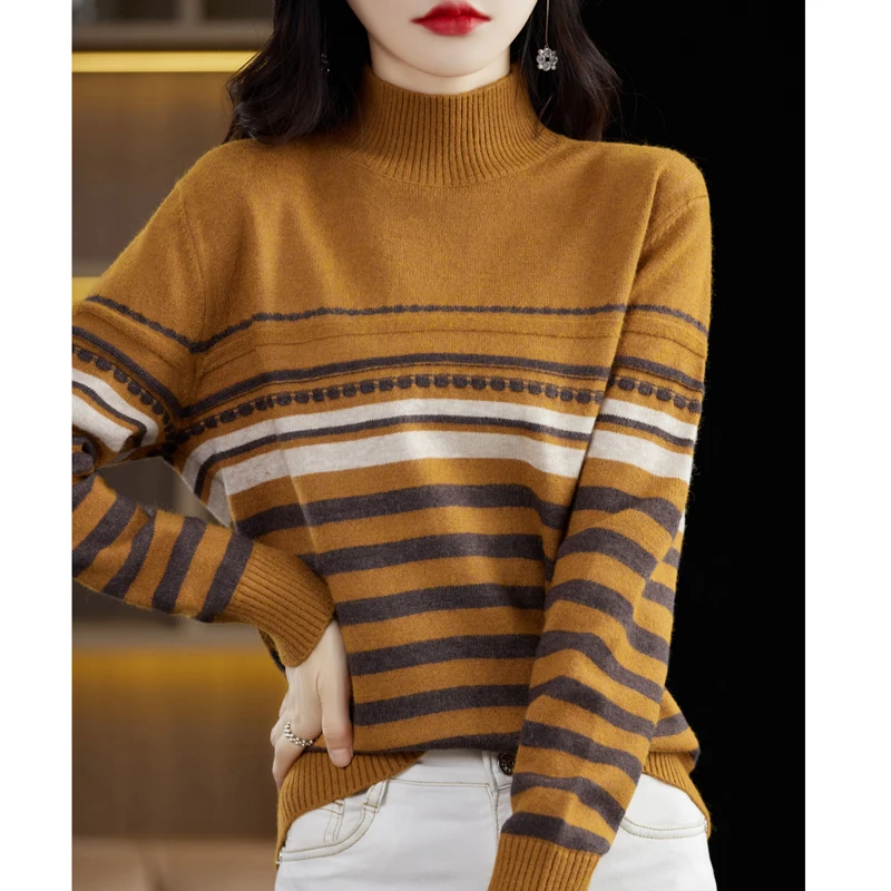 

2023 Round Collar Stripe Slim Fashion Casual Clothing Solid Color Out Ladies Long Sleeved Knitted Pullovers Women Sweater