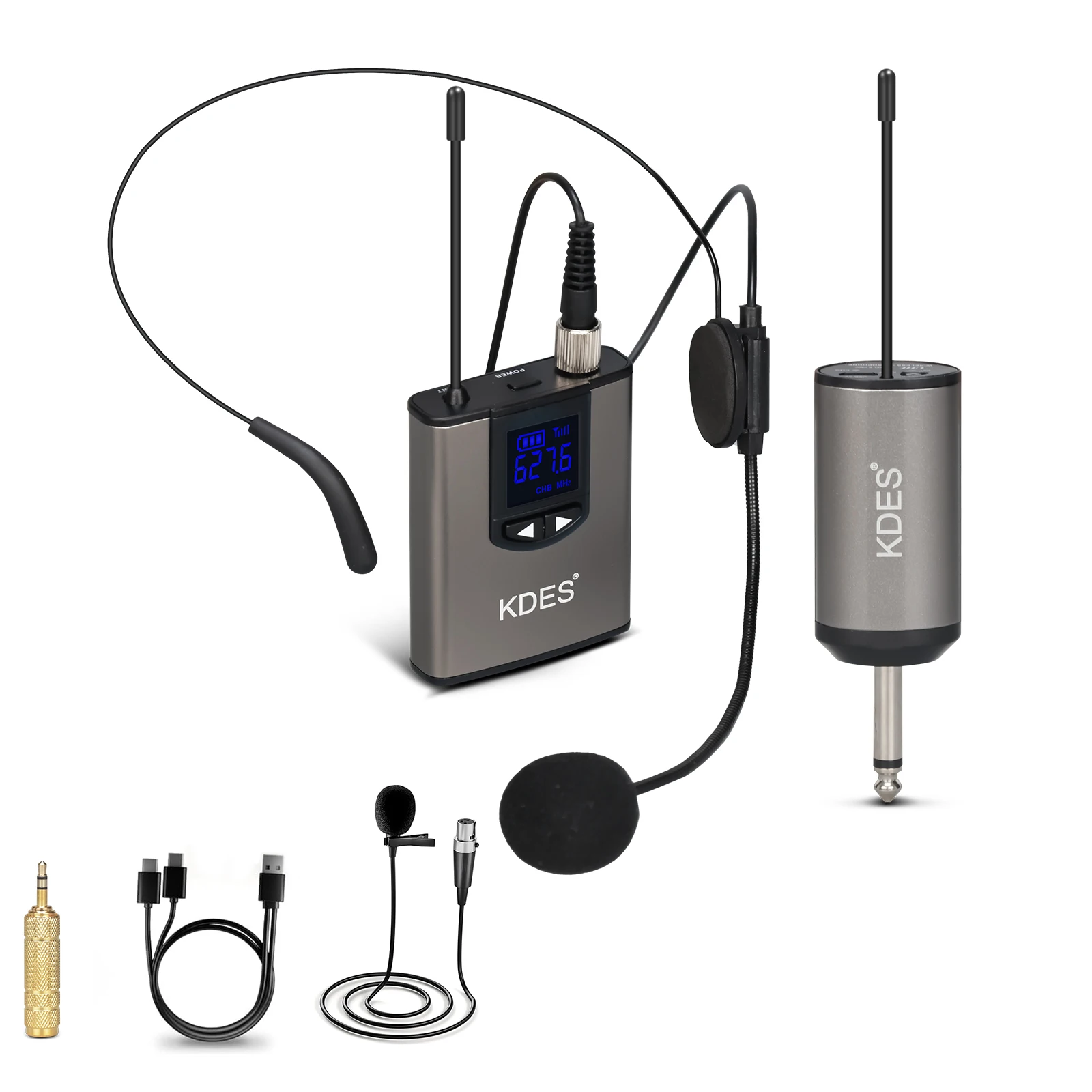 KDES Dual Wireless Microphone System Headset Mic/Stand Mic/Lavalier Lapel Mic with Rechargeable Bodypack Transmitter & Receiver