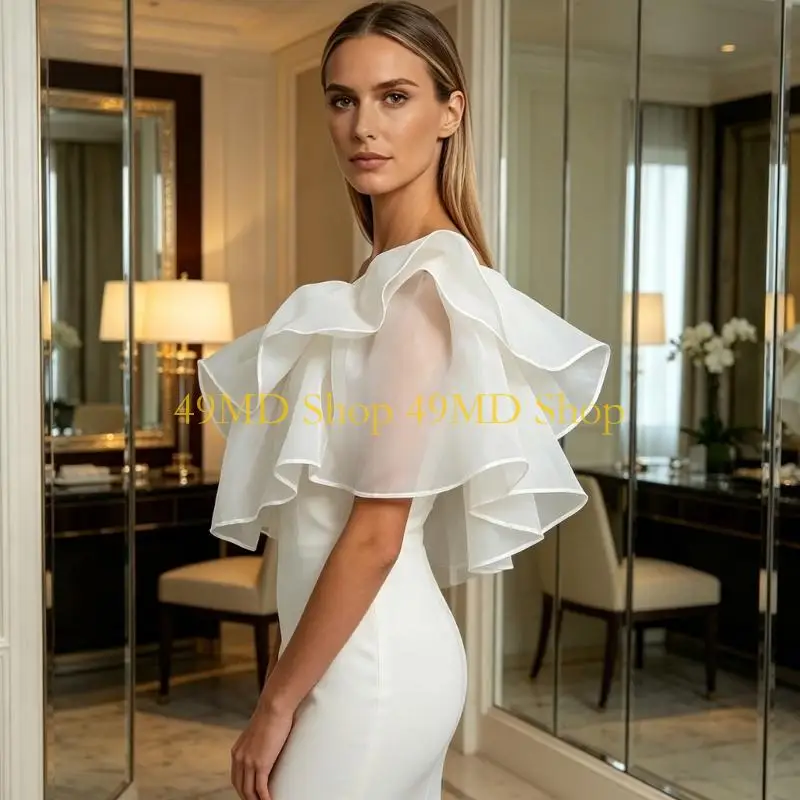 49MD Delicate Net Bridal Shawl Tulle Off Shoulder Wrap for Wedding Bride Comfortable White Lace Accessories Ceremony Wear