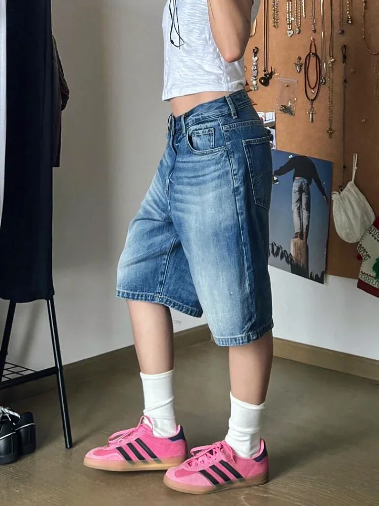 Retro Blue Denim Shorts Loose For Women  Fashion Casual Summer Knee Length Short Wide Leg Pants Baggy Jeans Jorts Teen Student