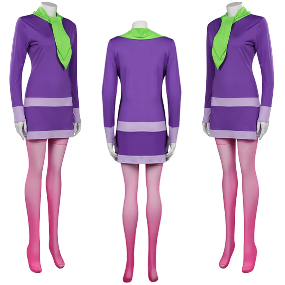 Daphne Cosplay Costume pour femme, robe violette de dessin animé, perruques de déguisement, équipement de sauna, écharpe et chaussette, fête d'Halloween imbibés