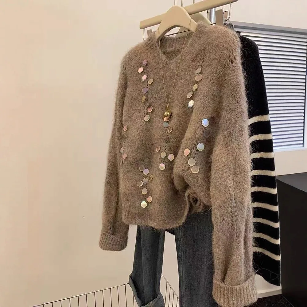 

2025 New Sequined Retro Loose Pullover Soft Waxy Autumn and Winter Lazy Style Premium Sense Thickened Knitted Sweater Top