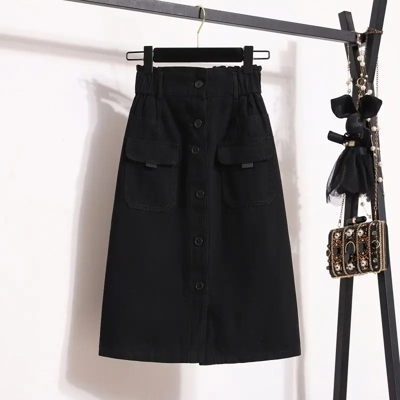 Casual High Waist Midi Skirts Summer A-Line Basic Solid Color Women's Clothing Elastic Fashion Button Pockets Spliced Skirts New