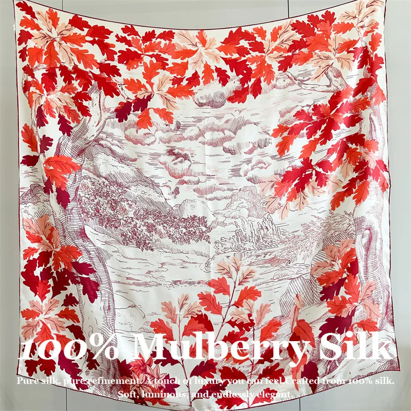 

2026 Floral Real Silk Scarf 110cm Square 100% Mulberry Silk Hand Rolled Edge Luxury Shawl Hijab Pashmina Poncho Scarves Bufanda
