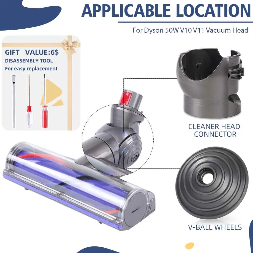 50W Direct Drive Head Repair Kit for Dyson V10 V11 — Ball Wheels + Connector Replacement Part No.968266-02 949852-05