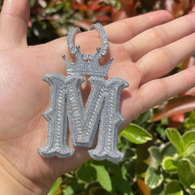 Iced Out Crown Initial Letter Pendant Baguette CZ Micro Pave Hip Hop Necklace, Custom Gothic Alphabet Charm