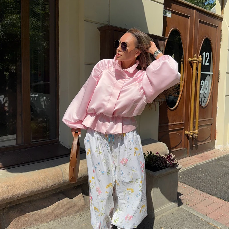 Übergroße, taillenbetonte, glänzende Oberflächenmäntel für Damen, Street-Style, Stehkragen, Laternenärmel, einfarbige, lockere Jacken, schicke Oberbekleidung – Detail 31