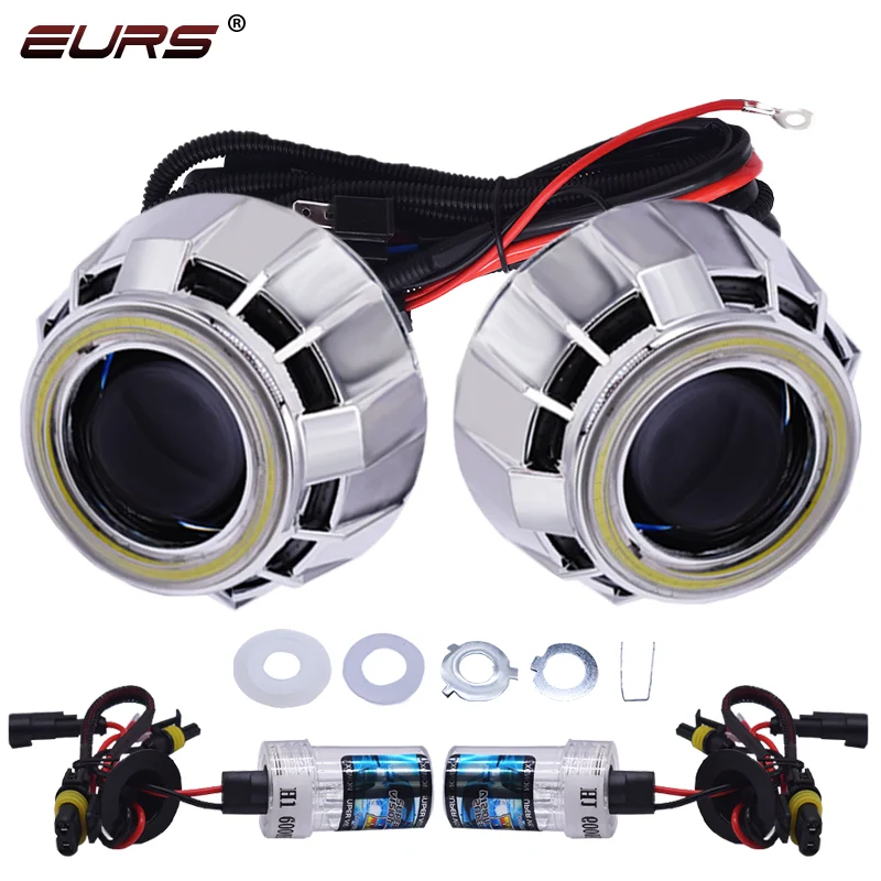 EURS 2pcs H1 Angel Eye Aperture Dual Lens Set di lenti quadrate da 2.5 pollici faro a LED 110W Angel Eye Aperture Fish Eye LED Lens 12V