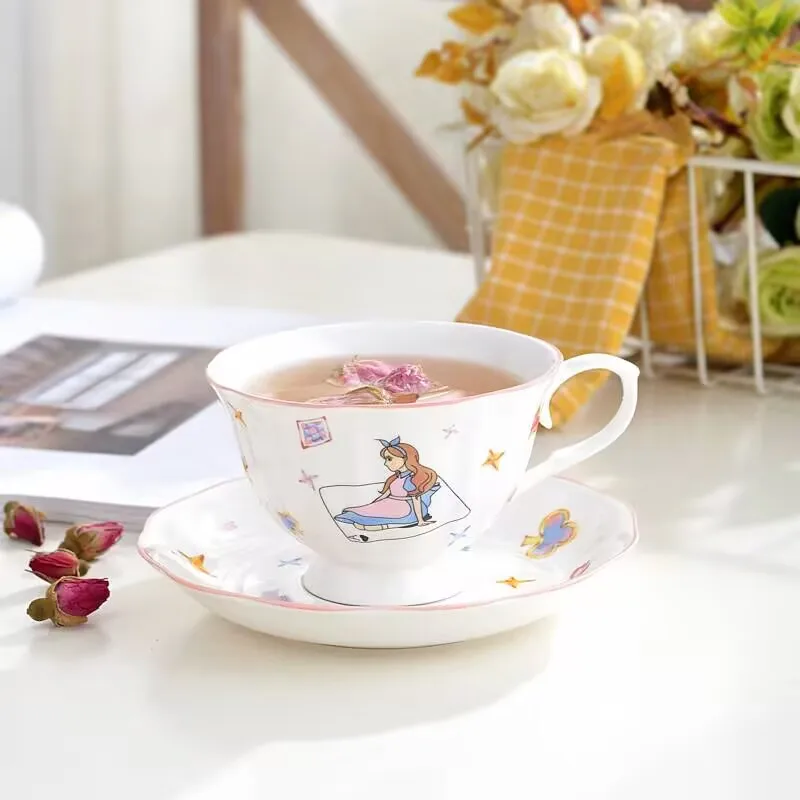 

2025 New Coffee Cup Set: Alice in Wonderland Afternoon Tea Ceramic Cups with French Saucers, Gift for Best Friends