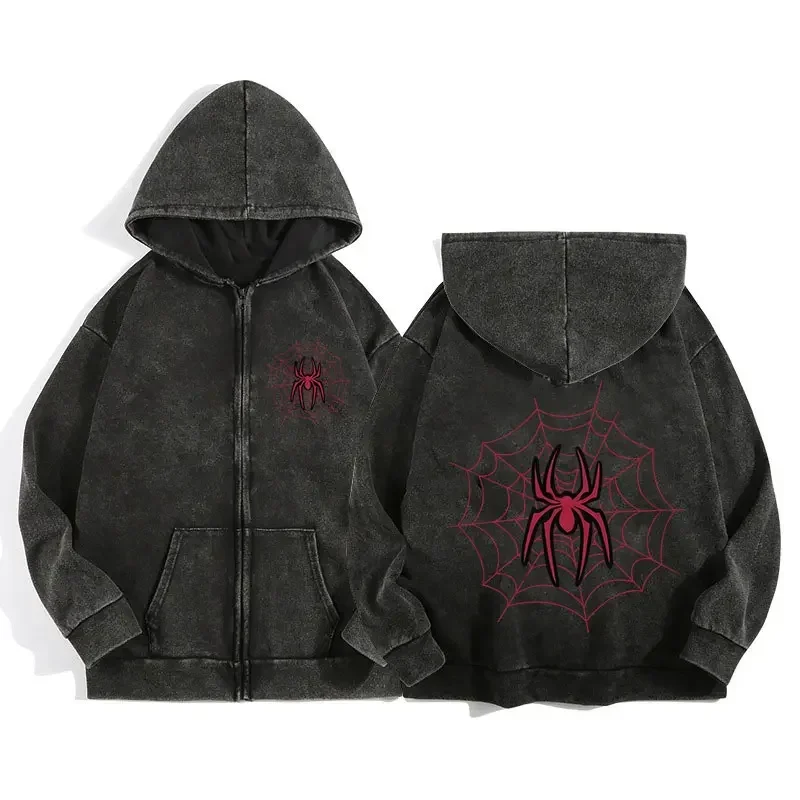 Y2K Acid Wash Zip Up Hoodie Harajuku Retro Gothic Graphic Spider Print Jacket Sweatshirt High Quality Cotton Men Women Clothing