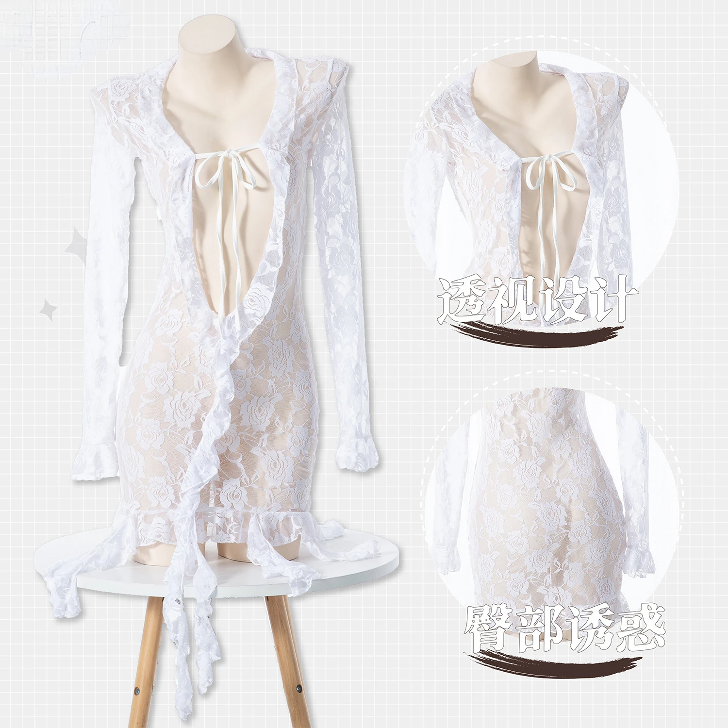 Sexy Rose Lace Cardigan Slim Long Sleeve Dress See Through Mini Nightdress Bride Role Play Underwear Women Nightwear Lingerie