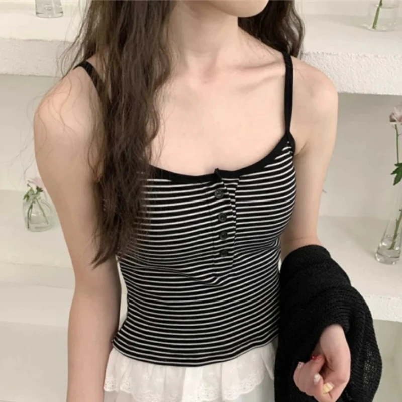 المرأة مخطط زر بروتيل تانك القمم مع وسادة الصدر التخسيس ملابس داخلية القطن مضلع الظهر الجمال قطعة واحدة سترة