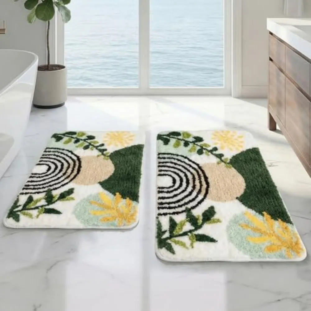 VIKAMA Non-slip Boho Abstract Gold Plant Bath Mat Set Soft Microfiber Absorbent Washable for Bathroom Shower