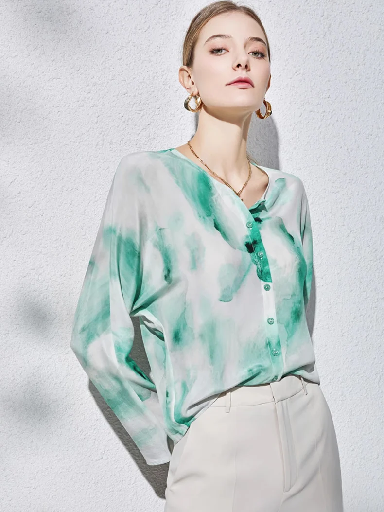 SuyaDream, Women Printed Shirts, 100%Silk Crepe, V Neck, Green Blouses, 2024 Spring Summer Casual Top