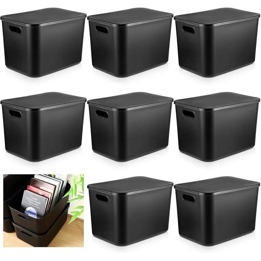 

8-Piece Multicolor Storage Bins with Lids, Stackable Plastic Baskets for Organizing, Desktop and Playroom Use (14.2 x 10.2 x 9.5