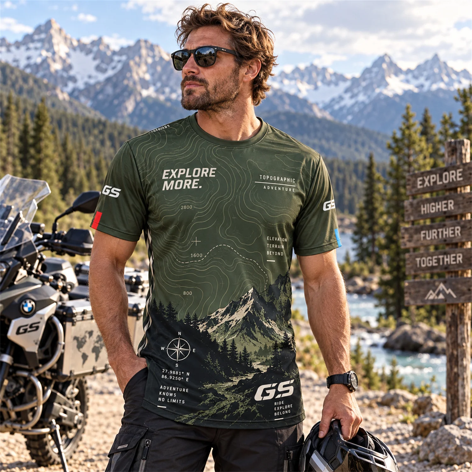 GS Motorrad Motorcycle T Shirt Topographic Adventure Graphic Print Short Sleeve Riding Jersey Unisex Outdoor Travel Tee