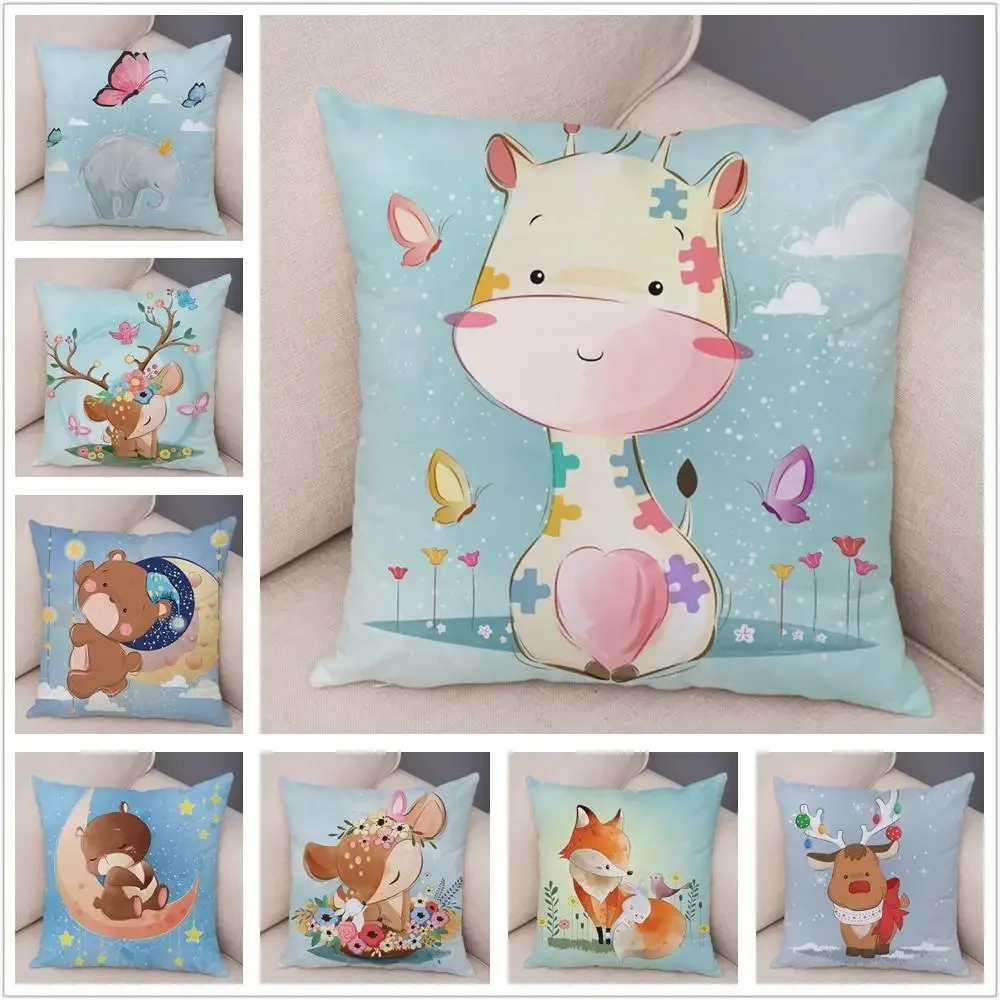 Cute cartoon giraffe fox reindeer pillow cover nordic children's room decoration sofa home animal cushion