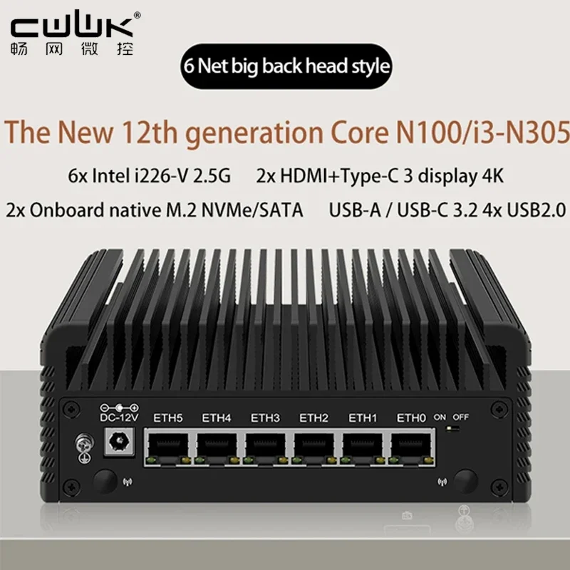 CWWK 6 LAN Firewall Appliance 2.5G Router 12th Gen i3-N305 / N100 DDR5 2*NVMe 2*SATA3.0 Fanless Mini PC ESXi Proxmox