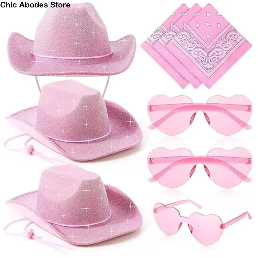 3 unids/set Bandana polvo brillante sombrero de mezclilla ala ancha Color sólido sombrero de vaquero occidental gafas de sol de corazón 3 unids/set sombrero de vaquero rosa