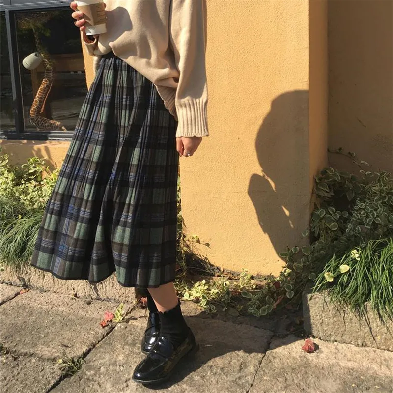 

Women High Waist Oversize Long Skirt Autumn Winter Vintage Wool Pleated Plaid Skirt Harajuku Female Party Skirt Streetwear