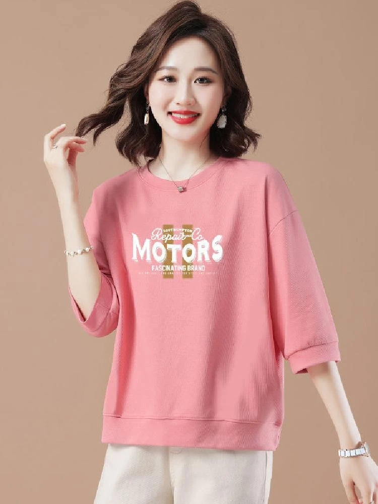 

Летний хлопковый свитшот с круглым вырезом, женский, свободного кроя, с рукавом до локтя, тонкий топ, модная футболка, весна-осень, с буквенным принтом, для повседневной носки