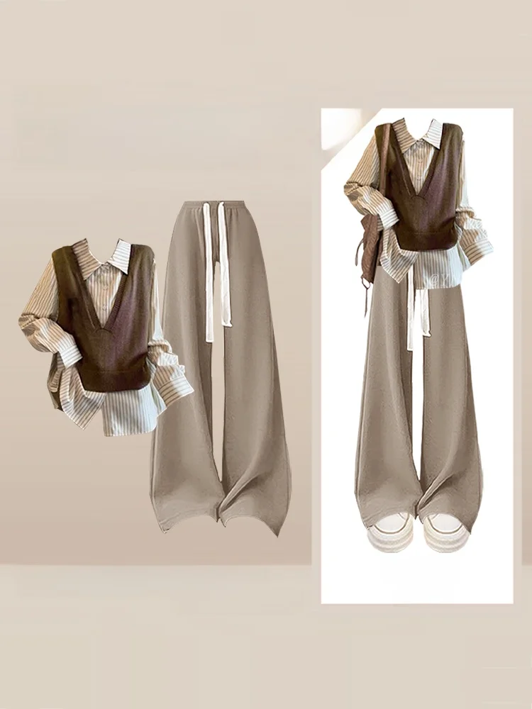 

Ladies Knitted Tee-Piece Set Lazy Sle Casual Wear Winter Faionable Artistic Vest irt Loose Fit High Waist Trousers