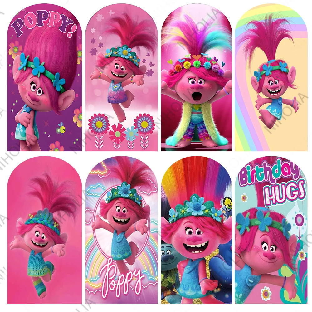 

MINISO Trolls Poppy Arch Photo Backdrop Kids Birthday Party Decoration Baby Shower Doubleside Polyester Zipper Photo Booth Prop