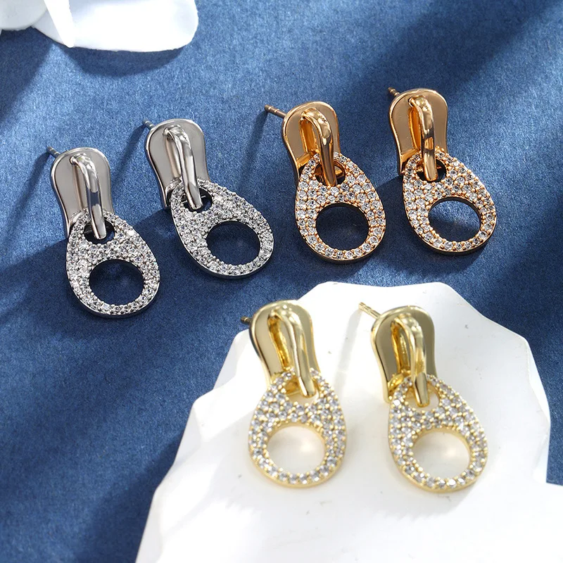 2025 New Japanese Korean Fashion Zirconia Zipper Women Earrings Suitable As Wedding Party Birthday Jewelry Gift