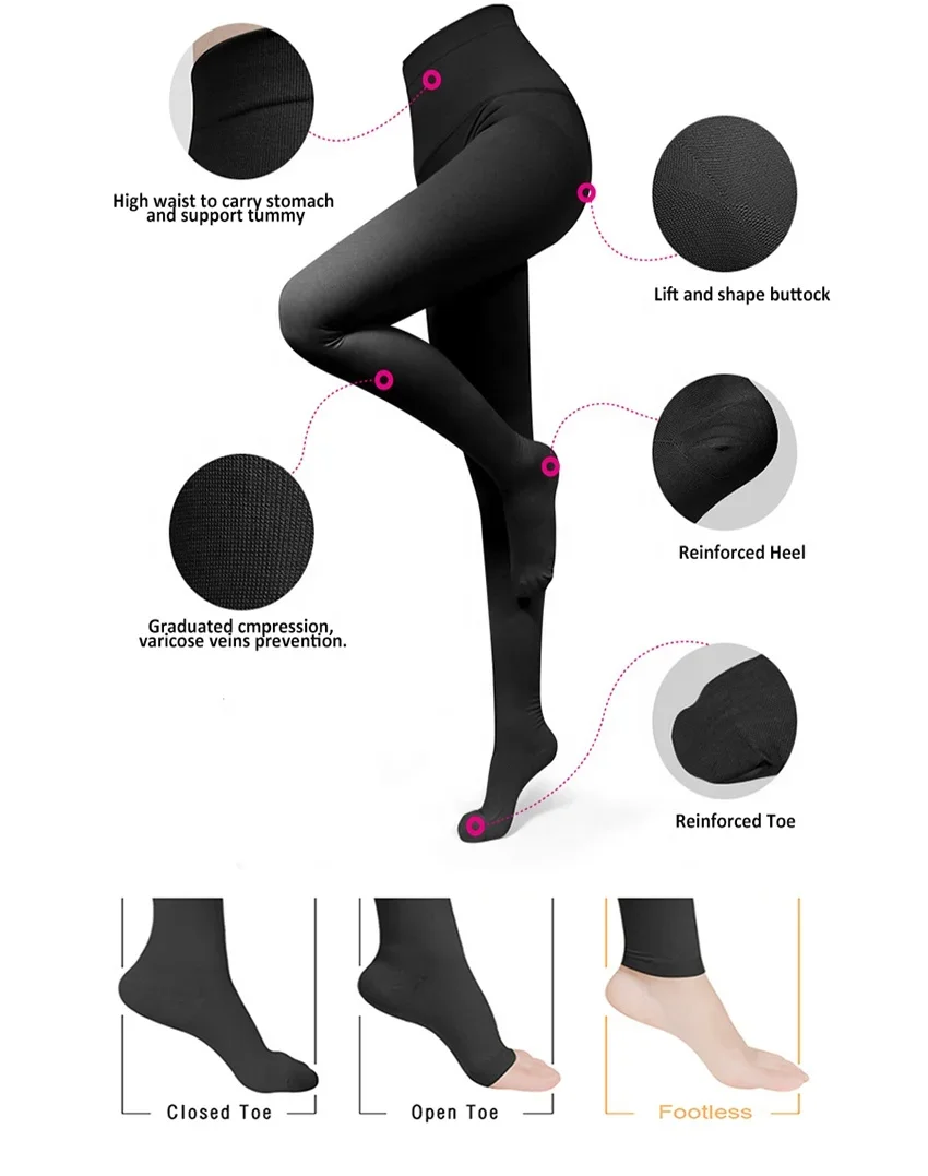 High Waist Seamless 20-30mmHg Compression Pantyhose Closed Toe Pressure Stockings for Varicose Veins Leg Edema Relief