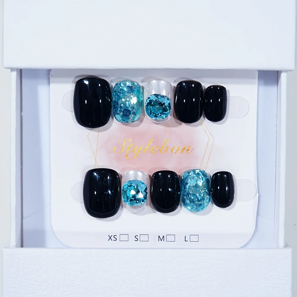 

10pcs Handmade Press on Nails Black Full Blue Gradient Design - Short Oval Glossy Finish Marble & Stripe Patterns False Nails