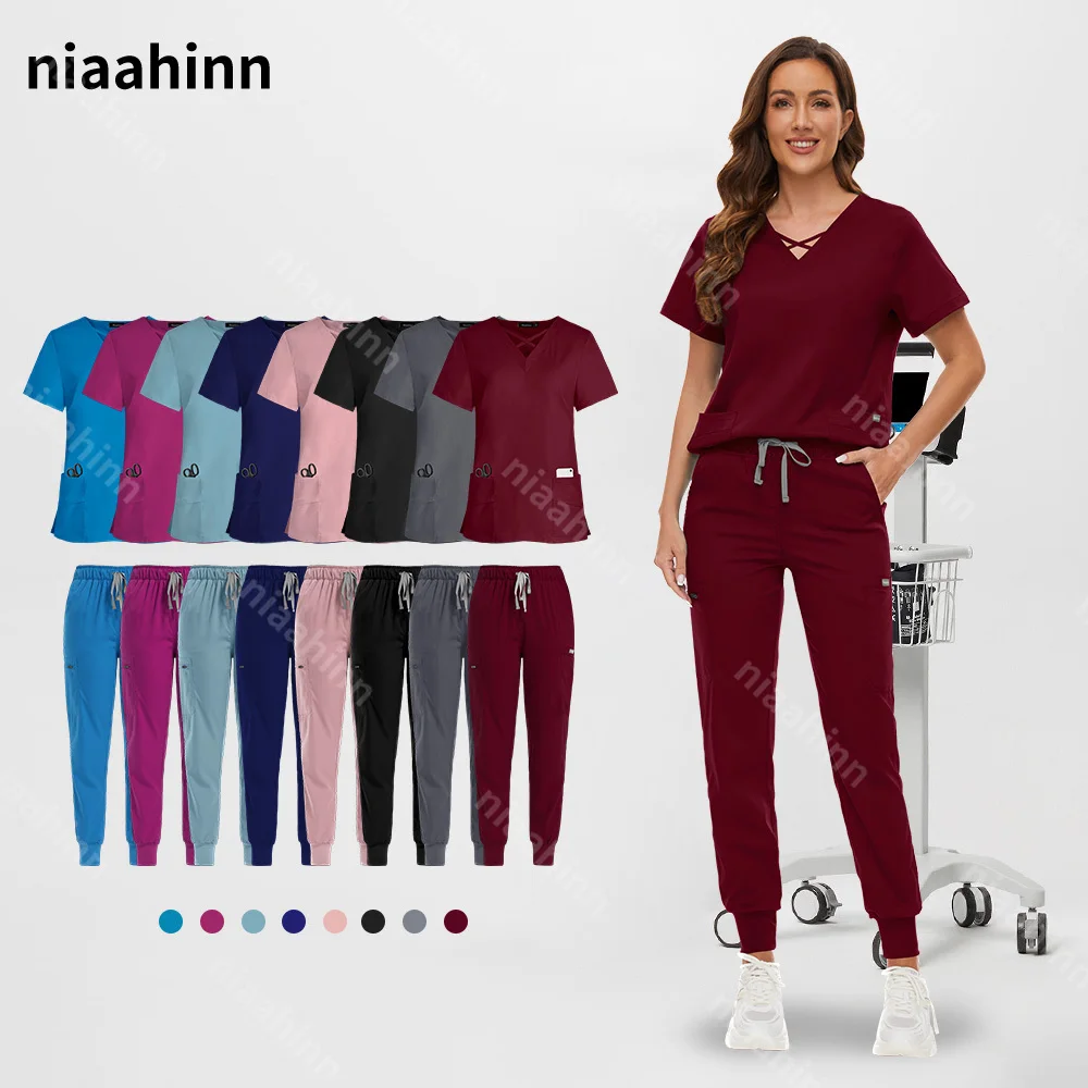 

Pet Grooming Nurse Uniforms Women Solid Color Doctor Nurse Clothes Scrub Uniform Short Sleeved Pockets Medical Nurse Accessories