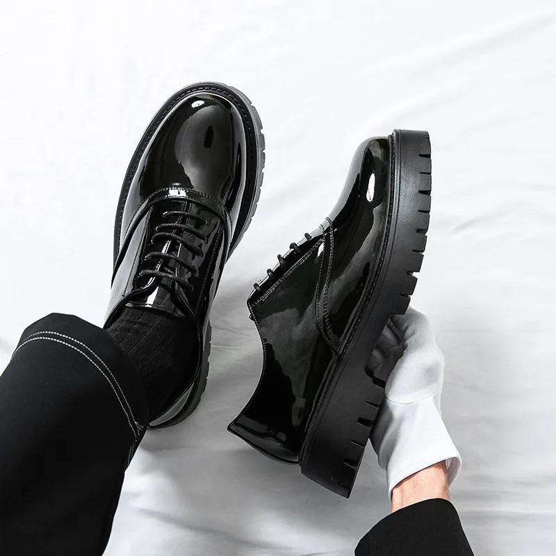 Men's Leather Shoes, British Thick-Soled Height-Increasing Color-Blocking Loafers, Casual Dress Shoes