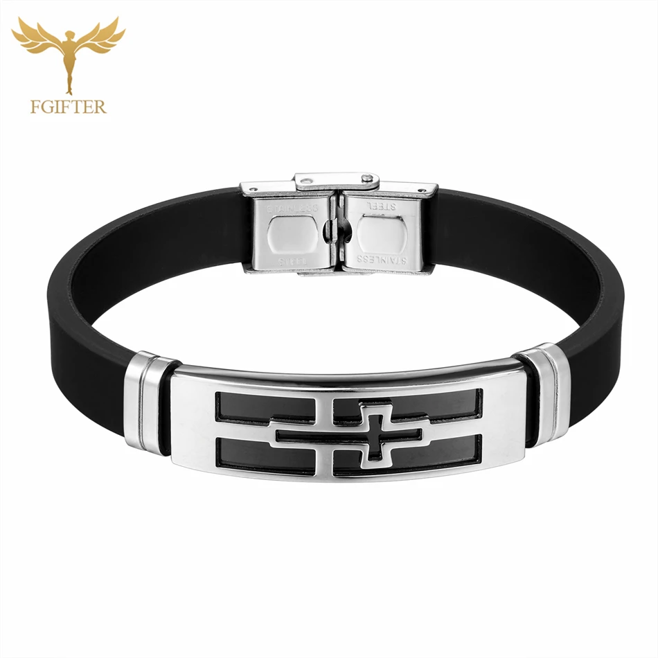 Fashion Black Stainless Steel Cross Bracelets for Women Men Cuff Clasp Rubber Wristband Catholic Christian Jewelry Accessories