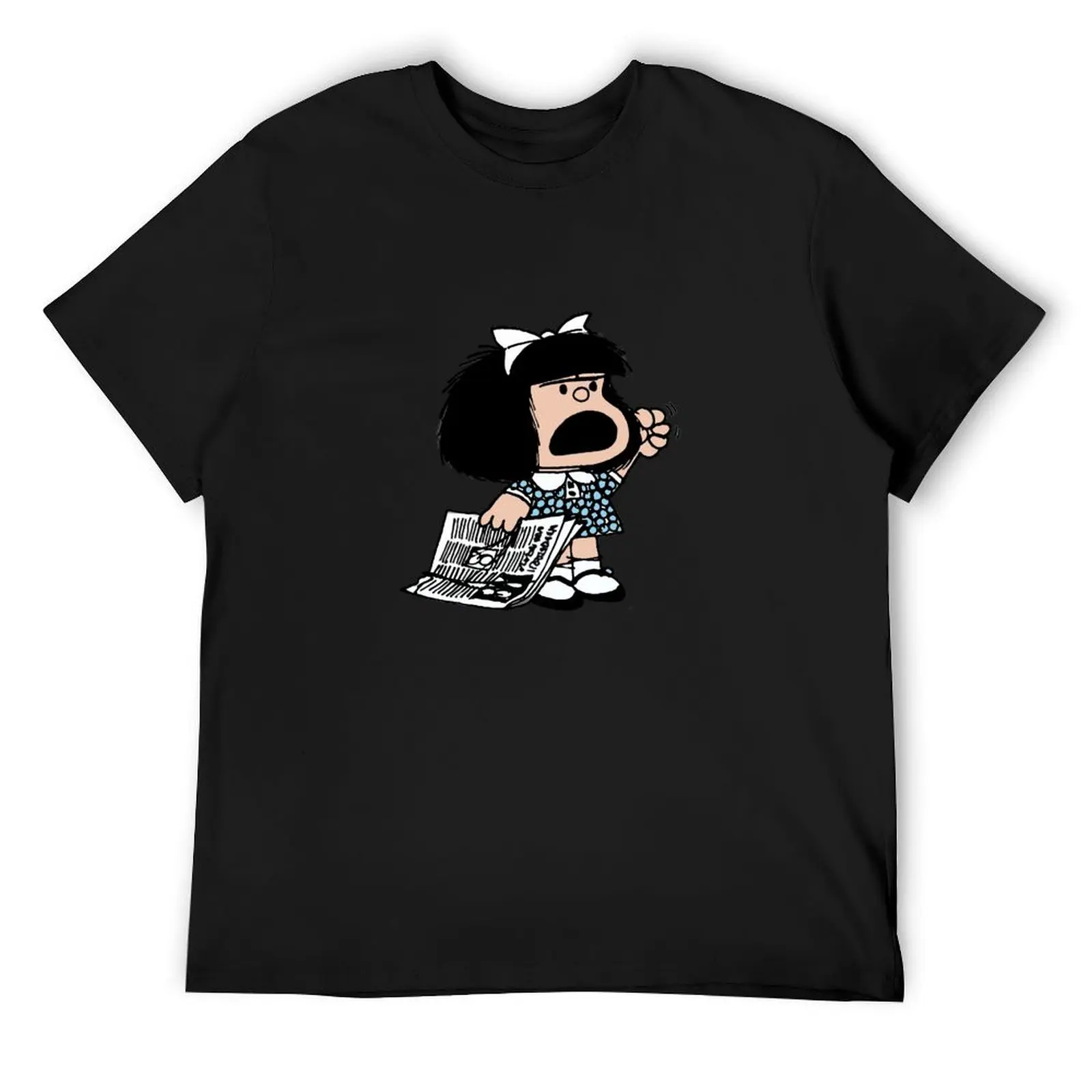 Angry Mafalda with newspaper and fist raised cartoon quino argentina T-Shirt summer top baggy shirts vintage t shirt men