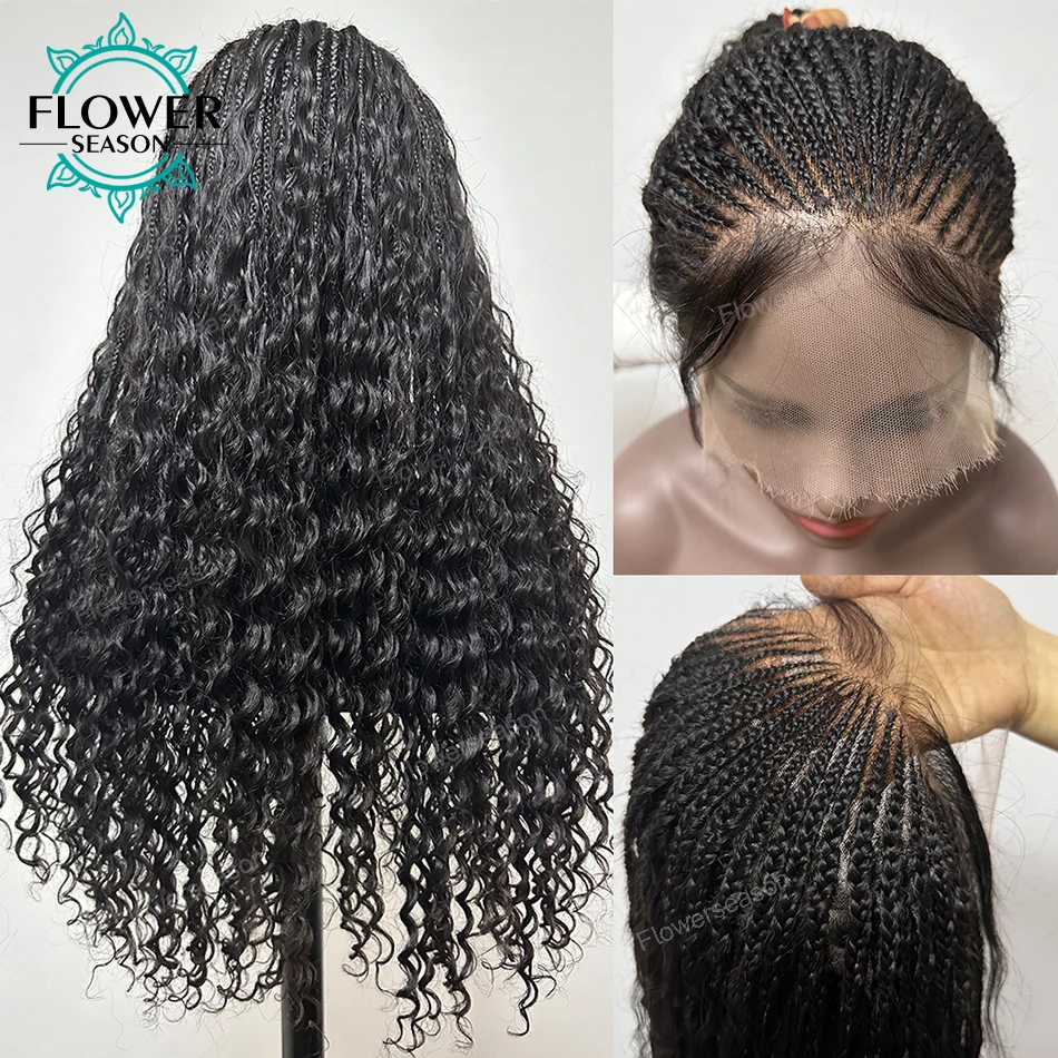 Perucas trançadas 100% cabelo humano hd renda sem nós perucas completas do laço cornrow tranças perucas com cabelo do bebê 300% densidade para preto