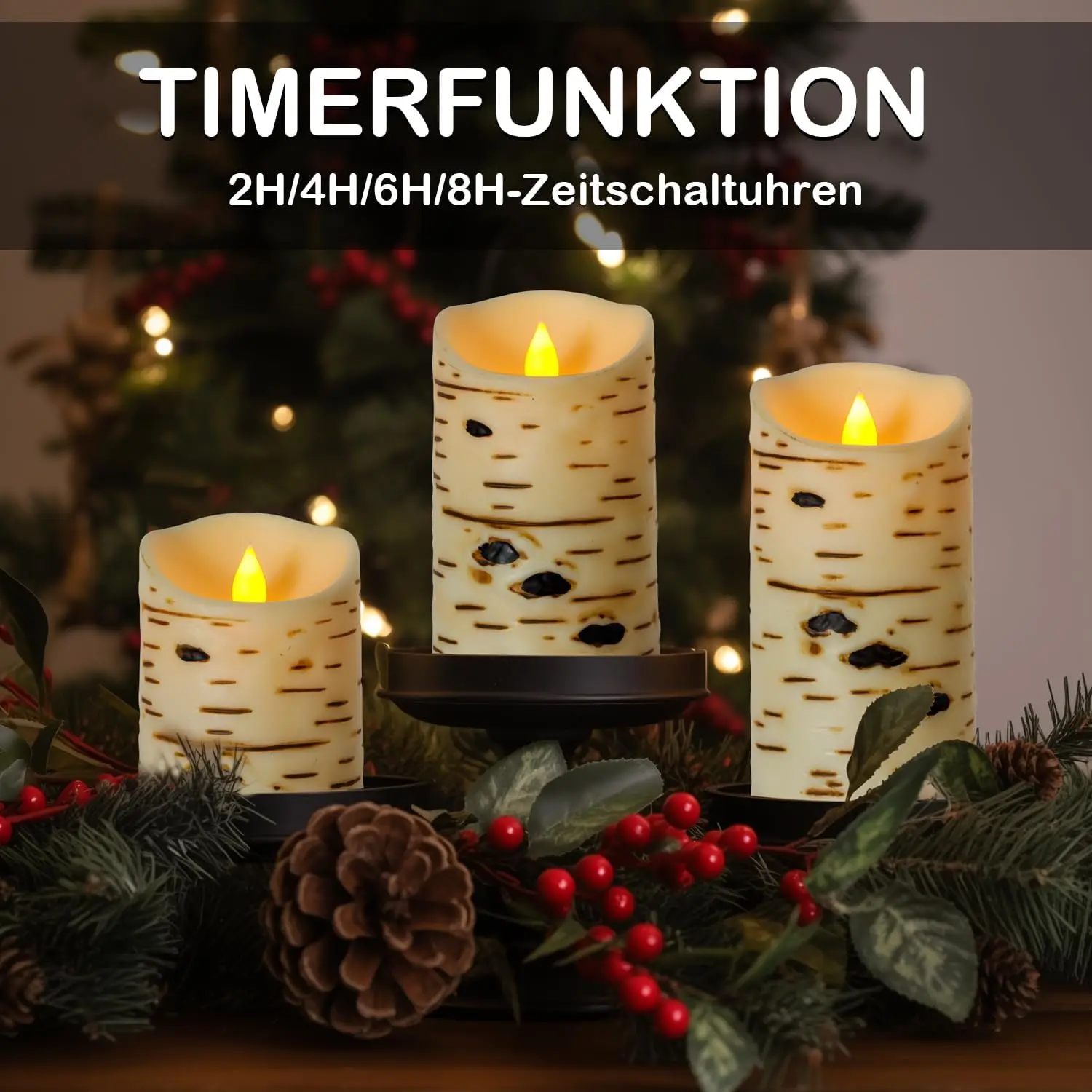 Flameless Candles Battery Operated Set of 3 Birch Bark LED Pillar Candles with Remote 3D Moving Wick Electric Decorative Candles