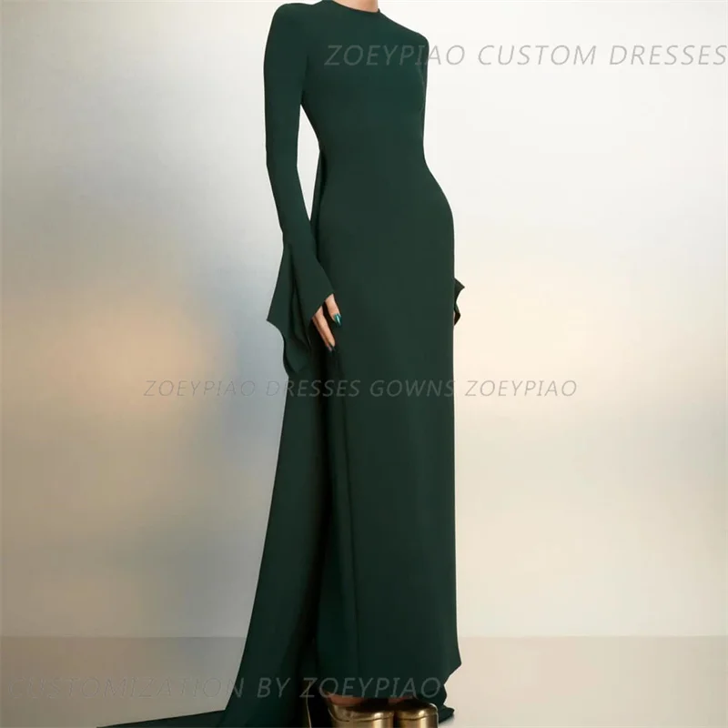 Dark Green Satin Long Vestidos De Noche Full Sleeve Satin High Neck Floor Length Evening Gowns Prom Dress 2024 فساتين السهرة